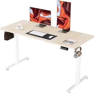ERGOMAKER Electric Standing Desk, 140 x 60 cm Height Adjustable Sit Stand Desk with Splice Board for Home Office, Computer Table Memory Preset (White Frame, Gold Oak Desktop)