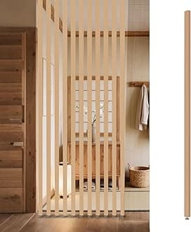 Room Divider Freestanding Wooden Partition - Floor to Ceiling Space Separator Panel for Restaurants, Offices, and Decor - Hollow Slats for Stairways and Porches