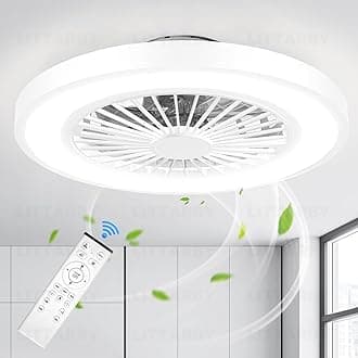 Ceiling Fans with Lights and Remote, 22 Inch Enclosed Bladeless Dimmable Ceiling Fans Flush Mount, Black Modern Low Profile Ceiling Fan with Light for Bedroom, Kitchen, Living Room, Dining Room