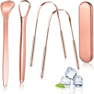 MORGLES Tongue Scraper, 4Pcs Tongue Scraper Cleaner with Case Medical Grade Stainless Steel Tongue Scrapers for Adults Kids, Great for Oral Hygiene Reduce Bad Breath (Gold)