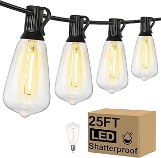 Brightever Outdoor String Lights, 25FT Patio Lights with 13 ST38 LED Edison Bulbs (1 Spare), Waterproof Connectable String Lights for Outside, Dimmable Hanging Light for Backyard Porch Decor, Black