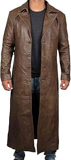 BlingsoulBrown Winter Trench Coat Men - Distressed Black Real Leather Long Overcoat