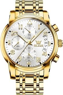 OLEVS Men's Stainless Steel Chronograph Watch, Big Face Gold Silver Black Tone Easy to Read Analog Quartz Watch, Luxury Waterproof Date Diamond Roman Arabic Numerals Dial Dress Watch for Men