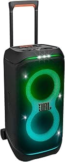 PartyBox Stage 320 - Portable Party Speaker with Telescopic Handle & Wide, Sturdy Wheels, Powerful JBL Pro Sound, Futuristic lightshow, Up to 18 Hours of Play time, Splash Proof (Black)