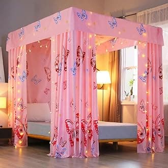MengersiPrincess Four Corner Post Bed Curtain Canopy Mosquito Net for Girls Adults Kids (King, Pink Butterfly)