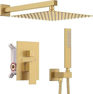 Iriber Brushed Gold Rain Shower System with 10 Inch Shower Head and Handheld Bathroom Wall Mounted Shower Set Contain Shower Faucet Mixer and Trim Kit (Valve Included)