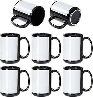 8 Pack Sublimation Coffee Mugs Blanks Black with White Patch 15 OZ Ceramic Photo Mugs Cups Bulk for Cricut Mug Press Print