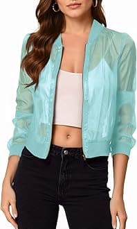 Fisoew Women's Crop Mesh Sheer Bomber Jackets Lightweight Long Sleeve Zip Up Jacket Outwear
