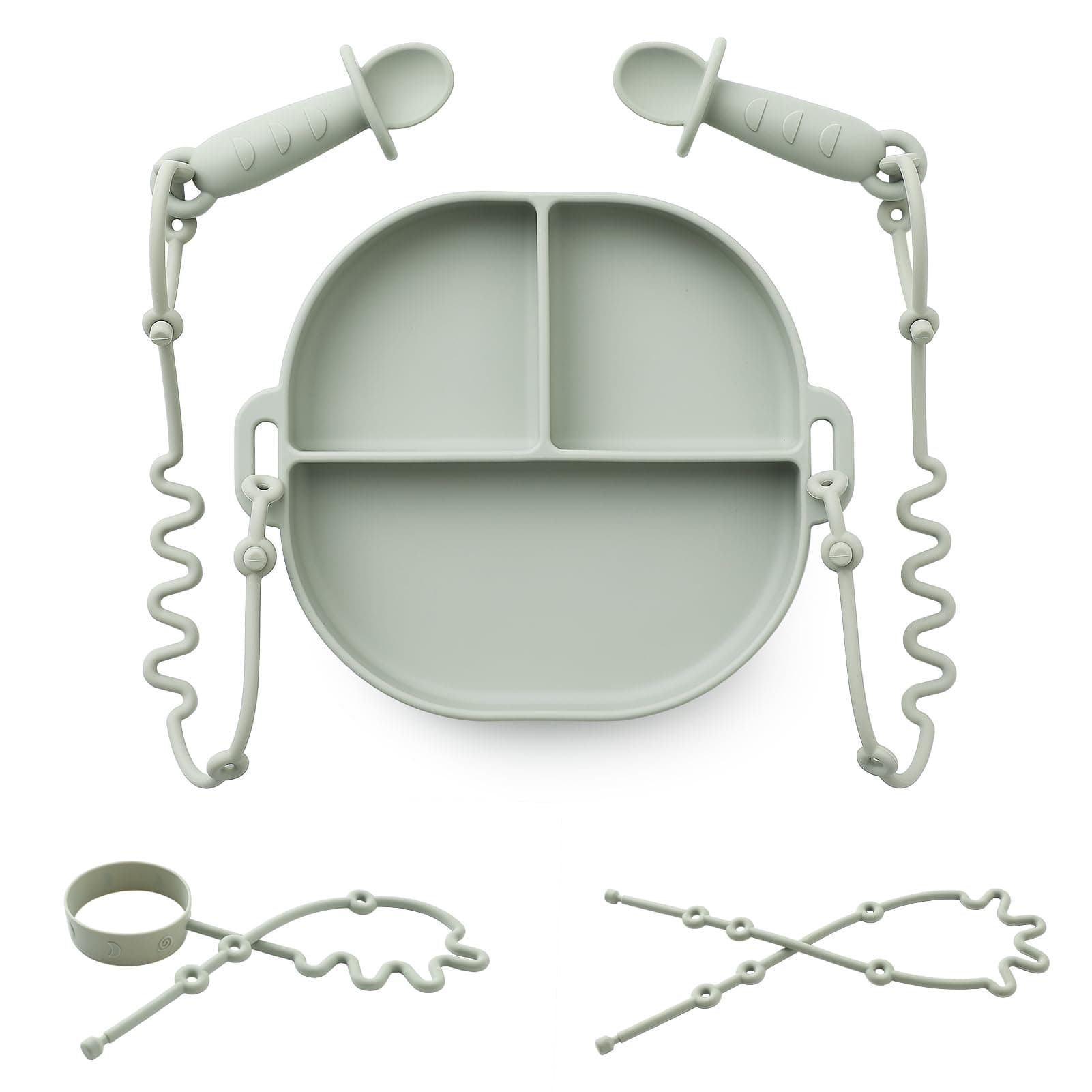 Andy Bear Silicone Plates for Babies with Suction Divided Baby Spoons Silicone Baby Toy Straps All-in-one Plates Silicone Placemat for Babies Toddlers Attachable Tethers & Built-in Suction Cups-Sage