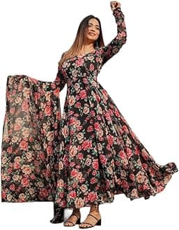 Women's Calf Length Floral Printed Flared Anarkali with Printed Dupatta Set (Black) (MAK104)