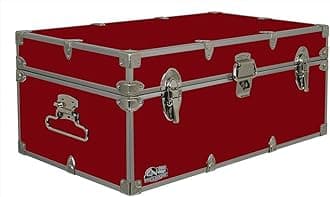 C&N Footlockers - Full-Size Happy Camper Trunk - #1 Summer Camp Trunk - Made in the USA - Steel Footlocker with Lid Stay - 32 x 18 x 13.5 Inches (Red)