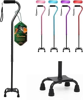 BeneCane Quad Cane Adjustable Walking Cane with Offset Soft Cushioned Handle for Men & Women Lightweight Comfortable with 4-Pronged feet for Extra Stability