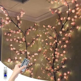 LED Tree Branch Lights for Wall 3.94 FT 48LEDs Cherry Blossom Lights with Remote and 8 Lighting Modes Cherry Blossom Garland Willow Vine Light for Bedroom Indoor Wall Wedding Christmas Decor