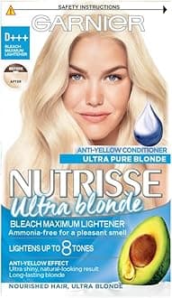 Garnier Nutrisse Ultra Bleach Hair Dye, Vegan, D3+ Cool Blonde. Delivers 100% grey coverage and 8 levels of lift. No-ammonia, vegan for a brilliant, icy cool blonde transformation.