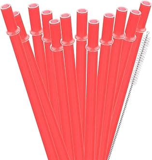 Dakoufish BPA Free 12 Piece 9 Inch Reusable Plastic Thick Drinking Straws for Mason Jar Yeti Rambler Plain Color（9inch，Red）