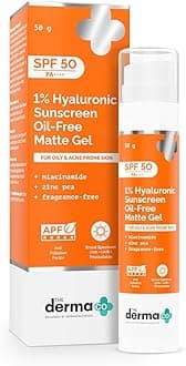 The Derma Co 1% Hyaluronic Sunscreen Oil-Free Matte Gel SPF 50 PA++++ With Niacinamide & Zinc PCA, For Oily & Acne-Prone Skin, Non-Comedogenic | UVA/UVB Broad Spectrum, Anti-Pollution Protection, 50g
