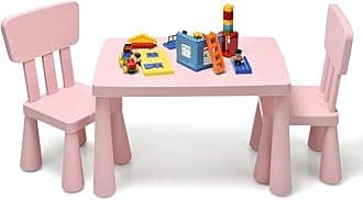 Costzon Kids Table and Chairs, 3 Piece Plastic Easy Clean Children Activity Desk for Reading, Drawing, Snack Time, Arts Crafts, Preschool, Kindergarten & Playroom, Toddler Table and Chair Set (Pink)