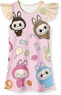 Girls Cute Cartoon Gown Dress Flutter Sleeves Kids Round Neck Party Wear Oufits