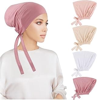 4 Pcs Women Hijab Undercap, Islamic Muslim Under Hijab Cap Inner Under Scarf Hat Turban with Tie Back Closure
