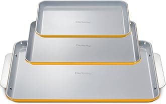 Caraway Non-Stick Ceramic Baking Sheet Trio - Naturally Slick Ceramic Coating - Non-Toxic, PTFE & PFOA Free - 18 x 13" Large, 15 x 10" Medium, & 9" x 13" Small - Marigold