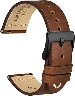 WOCCI 17mm Old-fashioned Watch Band for Men, Top Grain Leather, Black Matte Buckle (Caramel Brown)