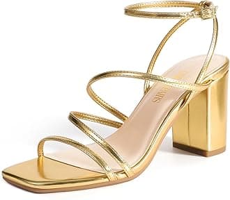 Women's Heels Chunky Block Strappy Square Open Toe Ankle Buckle Heeled Sandals Wedding Party Dress Shoes Indie