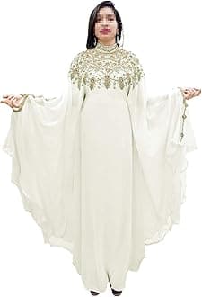 Dubai Kaftan Abaya Jalabiya Maxi Gown Hand Work Golden Beaded African Dress - White