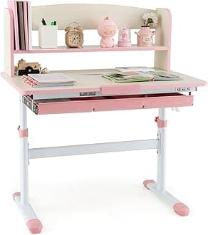 Costzon Kids Desk, Height Adjustable Children Study Desk with Tilt Desktop, Storage Drawer, Hutch, Scale Ruler, Student Writing Table School Desk for Boys Girls Bedroom, Desk for Kids (Pink)