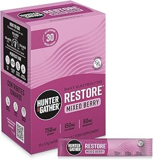 Hunter & GatherRestore Electrolytes Sachets x 30 I No Added Sugar or Artificial Sweeteners I 100% Natural Hydration I Optimal Mineral Ratio with Pink Himalayan Salt I Keto I with Natural Monk Fruit