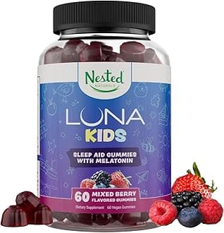 Nested Naturals Luna Kids Sleep Gummies - Non-Habit Forming Kids Melatonin Gummy with Valerian Root, Chamomile, and Lemon Balm - Children's Melatonin Sleep Aid - Mixed Berry, 60 Vegan Gummies