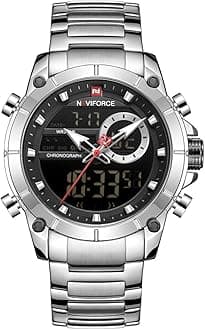 NAVIFORCE Mens Luxury Stainless Steel Analog Digital Watch Waterproof Sports Quartz Multifunctional Wristwatch With Stopwatch Alarm LED Backlight,SB