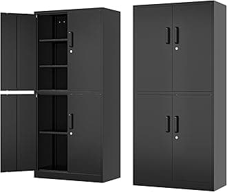 Fesbos 71” Metal Storage Cabinet-Lockable File Garage Tool Cabinets with Doors and Shelves-Tall Black Steel Cabinet for Garage-Heavy Duty File Storage for Office, Gym, School