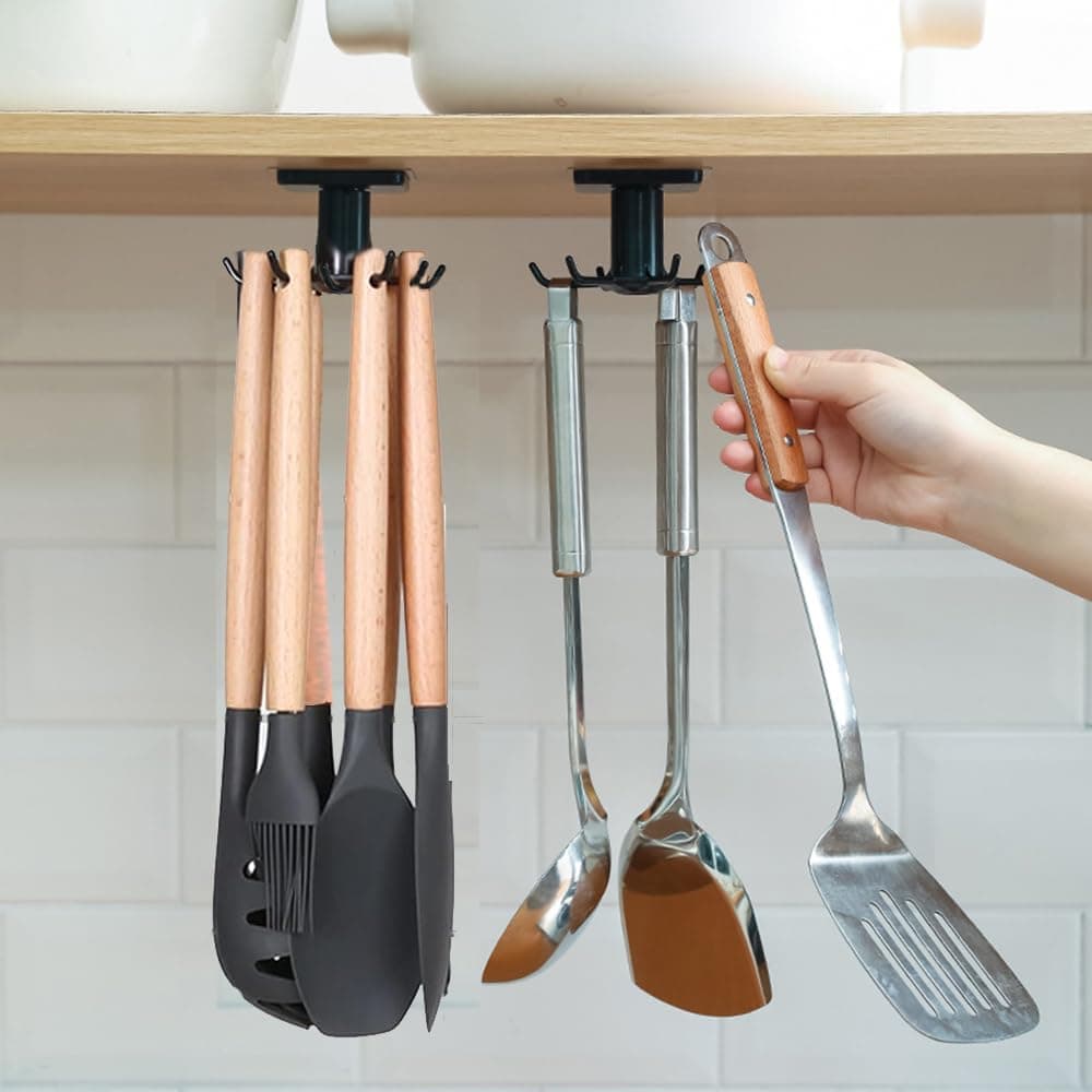 2Pcs 360 ° Rotating Kitchen Utility Hooks,Under Cabinet Kitchen Hooks for Utensils,Adhesive Kitchen Utensils Hanging Hooks for Kitchen Utensils/Tools/Towel/Knife(Black).