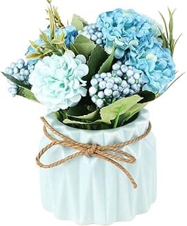 SUPNIU Artificial Hydrangea Bouquet with Small Ceramic Vase Fake Silk Variety Flower Balls Flowers Decoration for Table Home Party Office Wedding (Blue)