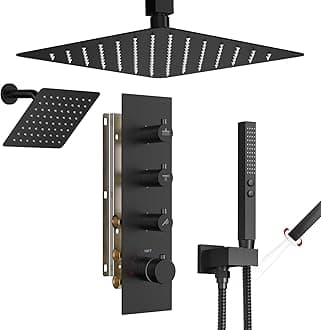 Bostingner Shower Faucet Set,Thermostatic Shower System,12 Inch Ceiling Mounted and 6 Inch Wall Mount Rain Shower Head with 2 in 1 Handhled,High Pressure Dual Shower Head Combo Set Matte Black