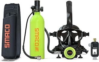 SMACO Mini Scuba Tank with Snorkel Mask 1L Portable Small Diving Tank with Sub Mask Reusable Pony Bottle with Full Face Diving Mask Diving Cylinder Kit for Snorkeling Recreational Diving S400Pro