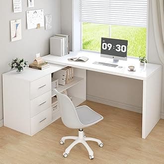 HSH White L Shaped Computer Desk with 3 Drawers, Reversible Home Office Corner Desk for Writing Study Work Executive, 152cm Bedroom Wood Table Workstation Corner Desk with Storage Cabinet