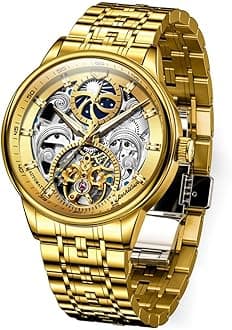 OLEVS Gold Skeleton Men's Automatic Mechanical Watches self Winding Luxury Dress Shiny Diamond Stainless Steel Waterproof Luminous Wrist Watches