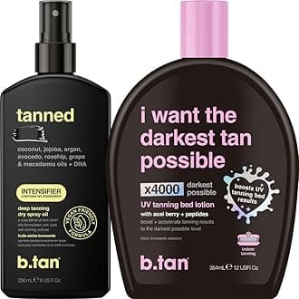 b.tan Tanning Oil & UV Tan Bed Lotion Kit | Best Dark Sun Tanner Bundle - Fast, Tinted, Indoor Outdoor Browning Accelerator Cream & Dark Bronzing Spray, Body Tan Extender, No Suntan Protection