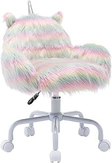 Cute Unicorn Kids Desk Chair with Arms, Swivel Rolling Ergonomic Computer Chair for Girls' Reading and Study, Rainbow Faux Fur Vanity Desk Chair
