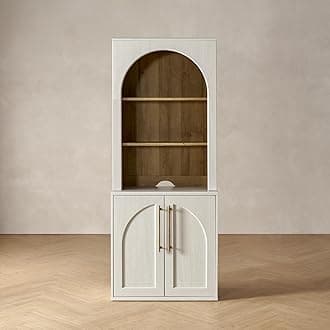 mopio Blake Storage Cabinet with Hutch, Sideboard Buffet with Storage, Kitchen Pantry Sideboard, Coffee Bar Station, Trophy Display Case, Display Cabinet for Living Room (White Oak Arched)
