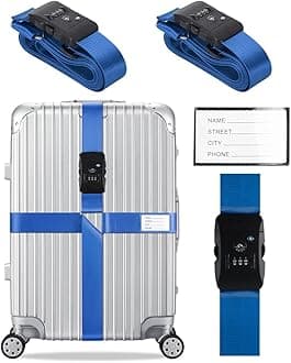 Veki Cross Luggage Straps Set TSA Approved with Lock Adjustable Travel Suitcase Belts Suitcase Tags with Name ID Card Packing Straps for Suitcases Strap Travel Accessories (Blue*2pcs)