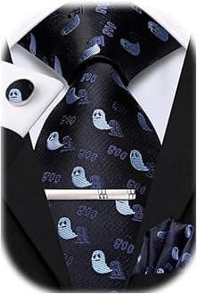 Hi-Tie Novelty Men's Silk Tie Black Ties and Pocket Square Cufflinks Clip Pin Set 4 PCS Necktie for Wedding Business