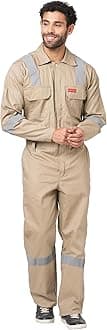 FRENCH TERRAIN® Men's 100% Cotton Industrial Boiler Suit (Work Wear Coverall/Dungarees) with Reflective Tape, 200 GSM.(Col. Beige, Size 36 - S)