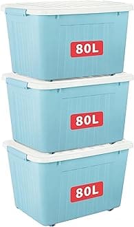 Cetomo 80L*3 Storage Boxes with Lids, Plastic Storage Box with Wheels and Secure Side Latches, Stackable & Nestable Organizer for Home, Office, Moving, PP, Blue, 80L-3 Pack