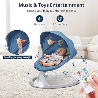 Bioby Baby Swing for Infants with 5 Natural Sway Speeds,Bluetooth Music Speaker Baby Bouncer with Remote Control&5-Point Harness ,Lightweight Baby Rocker with 2 Toys（Blue）