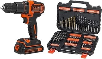 18 V Cordless 2-Gear Combi Hammer Drill Power Tool with Kitbox, 1.5 Ah Lithium-Ion, BCD700S1K-GB & Mixed Drilling and Screwdriving Set A7200-XJ