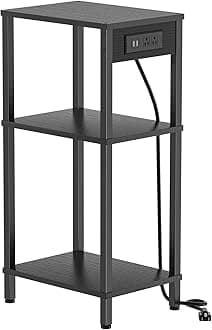 Tall End Table with Charging Station, 3 Tier Black Side Table with Storage, Small Nightstand with Outlets for Bedroom, Living Room, Office