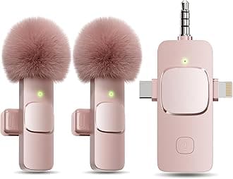 PQRQP 3 in 1 Wireless Lavalier Microphone for iPhone, iPad, Android, Camera, Mini Microphone, 7-Hour Battery, High Definition Sound Quality for Interview, Video Podcast, Vlog (Pink)