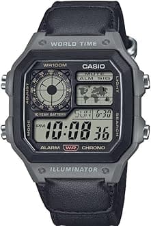 Casio AE1200 Series Black/Green LED Illuminator World Time, Grey, AE1200WHUB-8AV